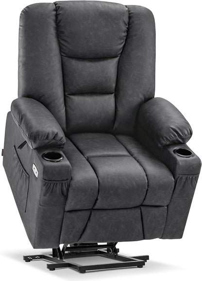 MCombo Power Lift Recliner Chair for Elderly, Lift Chair with Heat and Massage, USB Ports, Cup Holders, Faux Leather 7519 (Medium, Dark Grey)