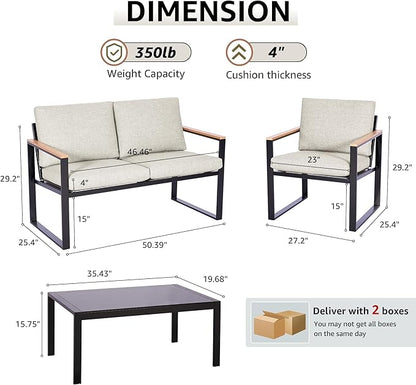 NATURAL EXPRESSIONS 4 Pieces Patio Furniture Sets,Metal Outdoor Patio Furniture Sets,Outdoor Sectional Patio Conversation Set,Wooden Anti-Scald Armrest,Sling Mesh,4" Olefin Cushions