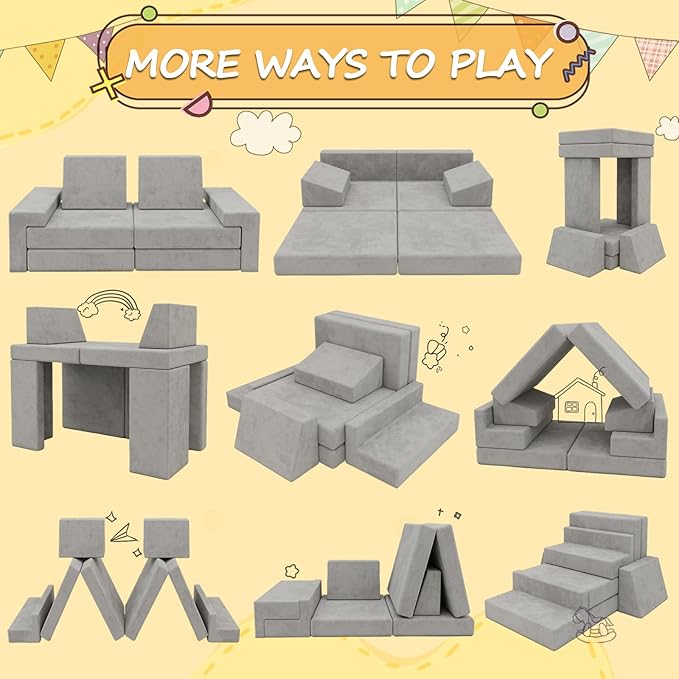 Modular Kids Play Couch,Kid Couches for Toddler & Children,Child Sectional Sofa Fort Building for Playroom Furniture,Convertible Sofa for Boys & Girls, Grey