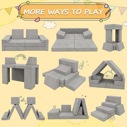Modular Kids Play Couch,Kid Couches for Toddler & Children,Child Sectional Sofa Fort Building for Playroom Furniture,Convertible Sofa for Boys & Girls, Grey