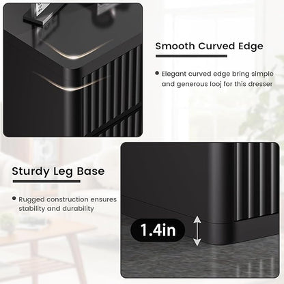 Black Dresser for Bedroom with 6 Double Drawers, 48" Wide Wooden Chest of Drawers with Curved Profile, Modern Fluted Dresser TV Stand, Wood Closet Clothes Storage Organizer for Living Room