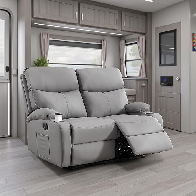 Manual Reclining Loveseat Anti-Scratch Loveseat Recliner Sofa with Side Pocket and Cupholders Wall Hugger 2 Seat Reclining Sofa Chair for RV Living Room Meeting Room Bedroom Apartment