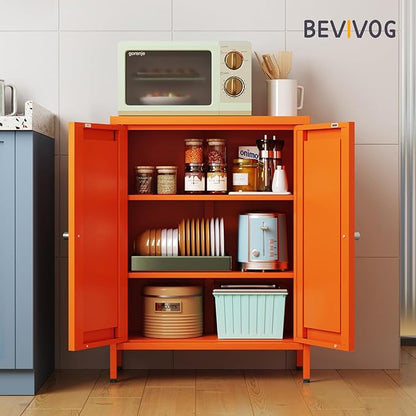 Small Bathroom Storage Cabinet, Metal Sideboard with 2 Doors and 2 Adjustable Shelves, Orange Floor Locker Cabinet 12" Shallow Storage Lockers for Bathroom, Living Room, Hallway, Entryway