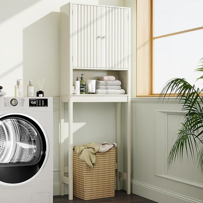 Tangkula Over The Toilet Storage Cabinet, Bathroom Space Saver with Fluted Doors Adjustable Shelf & Bottom Bar, Freestanding Above Toilet Storage Cabinet Organizer for Laundry, Restroom (Cream White)
