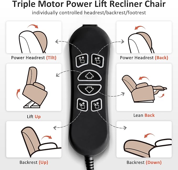 MCombo Large Triple Motor Power Lift Recliner Chair with Massage and Dual Heating, Adjustable Headrest for Tall Elderly People, Faux Leather 7634 (Black, Large)