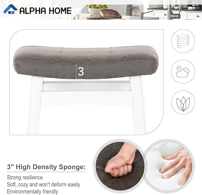 ALPHA HOME Bar Stools Set of 4, Solid Wood Saddle Kitchen Stools with Grey PU Leather Cushion Counter Height Barstools with Wooden Base for Kitchen Dining Cafe, 24 Inch, Grey, 4PCS