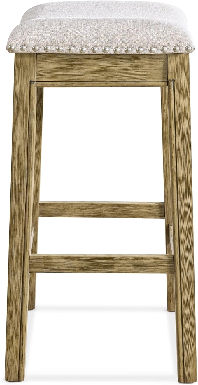 ROME + OAK Set of 4 Parker 26" Counter Stool, Backless Saddle Kitchen Barstool in Natural Wood Finish with Wheat Cream Fabric Upholstery Cushion Seat