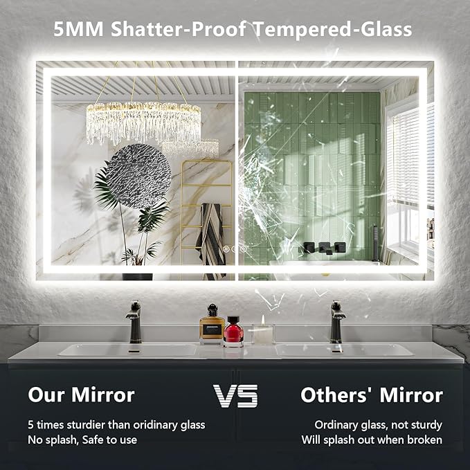 66x36 Inch LED Bathroom Mirror with Lights Front and Backlit Lighted Vanity Mirror for Bathroom Wall with 3 Colors Dimmable Anti-Fog Memory Shatter-Proof IP54 Waterproof Horizontal/Vertical
