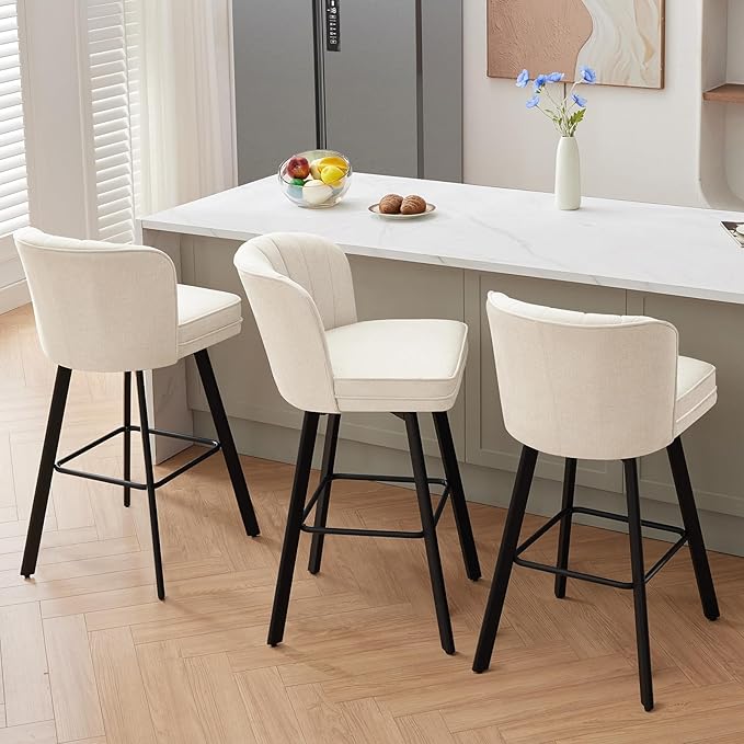 Swivel Counter Height Bar Stools Set of 2, 30'' Modern Barstools with Backs and Metal Legs, Upholstered Bar Chairs, Beige, Fabric Stools for Kitchen Island Chairs