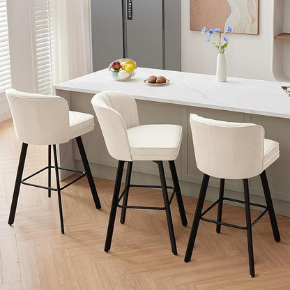 Swivel Counter Height Bar Stools Set of 3, 30'' Modern Barstools with Backs and Metal Legs, Upholstered Bar Chairs, Beige, Fabric Stools for Kitchen Island Chairs