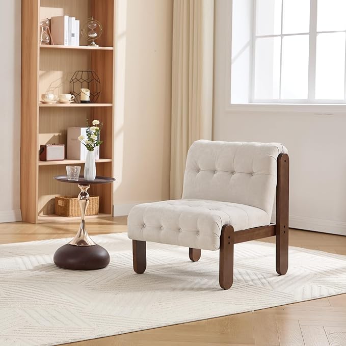 HEAH-YO Accent Chair Set of 1,Modern Vintage Living Room Chair for Bedroom with Button Tufted Back and Wood Legs,Upholstered Comfy Reading Chair for Makeup Vanity Cafe,Chenille Beige