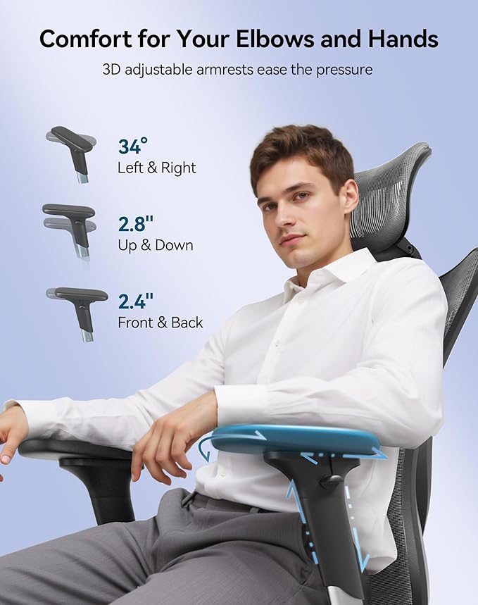 SIHOO M57 Ergonomic Office Chair with 3 Way Armrests Lumbar Support and Adjustable Headrest High Back Tilt Function Grey