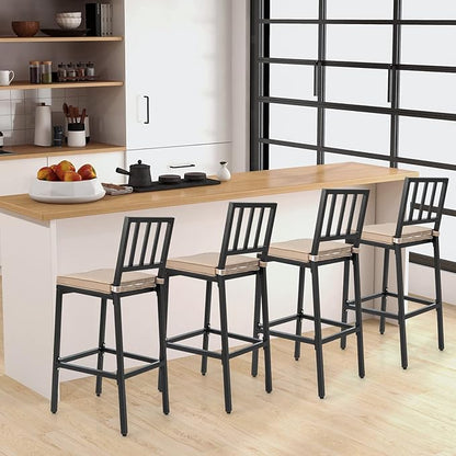COSTWAY 4 PCS Patio Bar Chairs, Heavy-Duty Metal Frame Bar Stools, Indoor Outdoor All-Weather Resistant Barstools with Detachable Cushion & Footrest, for Patio, Garden, Poolside (4)
