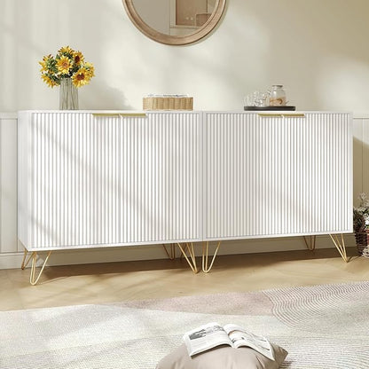 Fluted Storage Cabinet, 2 Doors Sideboard Buffet Cabinet, Modern Wood Accent Cabinet with Adjustable Shelves, Console Table for Living Room, Hallway, Entryway, White