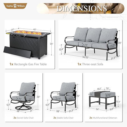 Sophia & William Patio Furniture Sets for 7 with Fire Pit Table 45", Outdoor Patio Furniture Set 8 Pcs, Convesation Set with 4 x High Heavy Sofa Chairs, 1x3-Seat Sofa, for Porch Poolside Blue