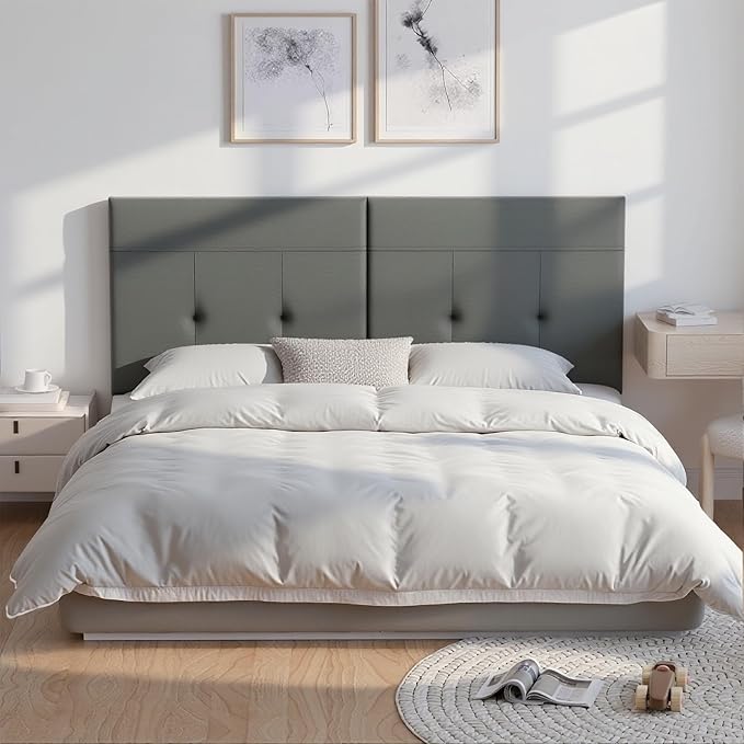 King Headboard Only with Adjustable Metal Legs, Faux Leather Upholstered Headboard King Size, Modern Stylish Headboard with Sunken Dot Design, Sturdy Bed Headboard for Bedroom, Gray