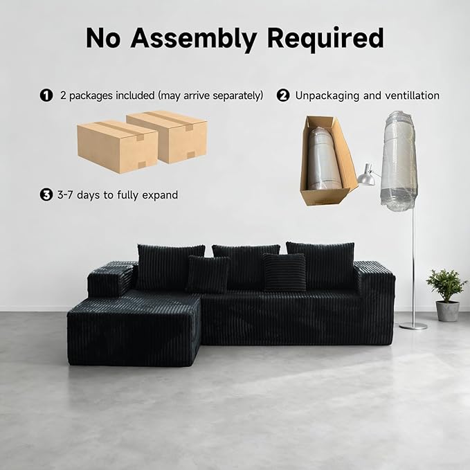 Upgrade 108’’ L Shape Cloud Couch, Plush Corduroy Sectional Sofa with Chaise, Boneless Couches for Living Room Bedroom, No Assembly Required (Black, Left Facing Chaise)