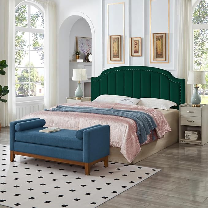 24KF Velvet Fabric Upholstered King/California King Headboard with Nail Trims, Modern Vertical Channel Design with Curved King Headboard, 6052-K-Jade