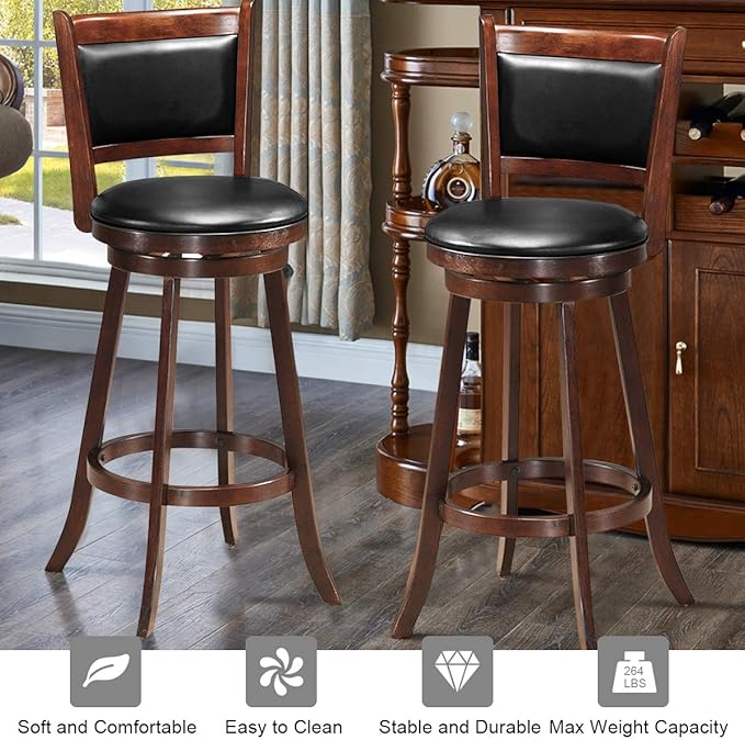 COSTWAY Bar Stools Set of 2, 360 Degree Swivel, Accent Wooden Swivel Seat Bar Height Stool, Leather Upholstered Design, PVC Cushioned Seat, Perfect for Dining and Living Room (Height 29")