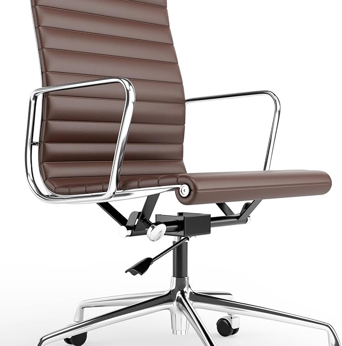 High Back Genuine Leather Ribbed Office Chair-Ergonomic Desk Chair with Aluminum Alloy Armrest & Frame, Swivel Silent Wheels & Tilt Function, Adjustable Height