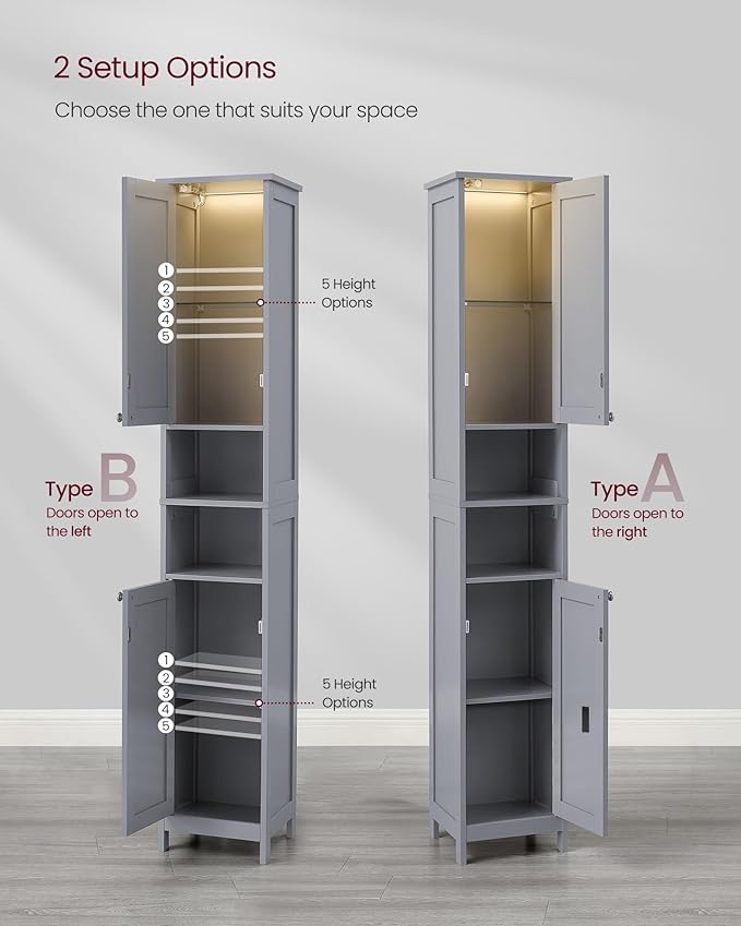 VASAGLE Tall Storage Cabinet with Lights, Slim Freestanding Cabinet with Adjustable Shelves, for Small Spaces, Bathroom, Living Room, Modern, 11.8 Inches Wide, Dove Gray UBBC566G02