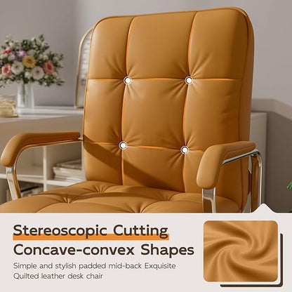 Brown Office Chair with Soft Leather, Swivel Computer Home Office Desk Chair with Wheels and Padded Arms, Adjustable Height and Tilt