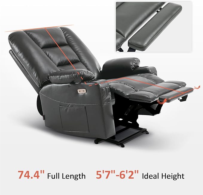 MCombo Oversized Power Lift Recliner Chair with Massage and Heat for Big and Tall Elderly People, Cup Holders, USB Ports, Side Pockets, Faux Leather R7541 (Dark Grey, Large-Oversize)