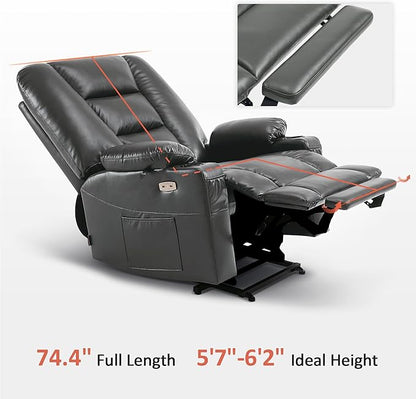 MCombo Oversized Power Lift Recliner Chair with Massage and Heat for Big and Tall Elderly People, Cup Holders, USB Ports, Side Pockets, Faux Leather R7541 (Dark Grey, Large-Oversize)