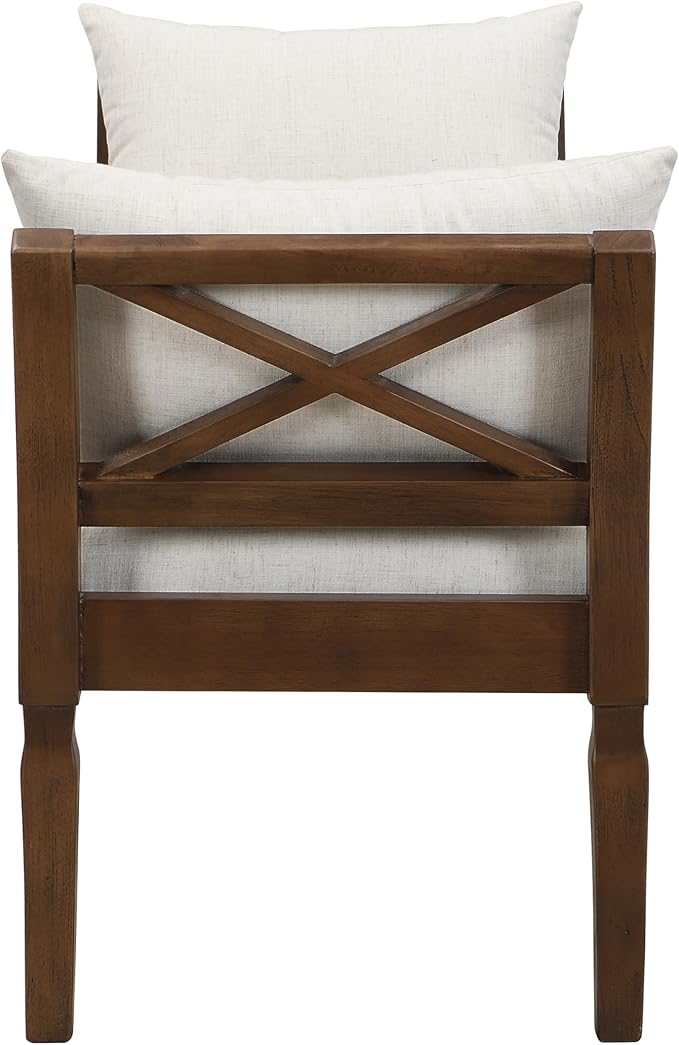 Christopher Knight Home Viko Farmhouse Wooden Living Room Ottoman Bench with Cross-back Detail, Upholstered End of Bed Ottoman with Armrest, Long Entryway Bench, Long Seating for Bedroom, Beige+Walnut