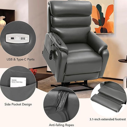EONIX Dual Motor Lay Flat Power Lift Recliner Chair for Elderly, Breathable Faux Leather Electric Lift Chairs for Adults, 400lbs Heavy Duty Power Recliner with Heat Massage Charging Ports, Grey