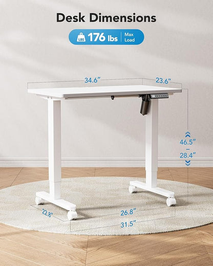 HUANUO Electric Small Standing Desk, 35" x 24" Whole Piece Desktop, Adjustable Height Computer Desk, 4 Height Memory Settings, Sit Stand Up Desk for Home Office, White