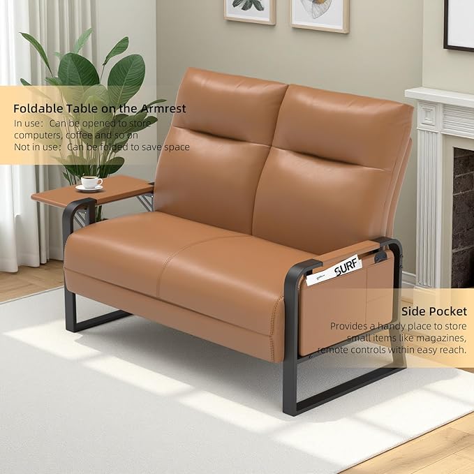 Faux Leather Loveseat Couch for Living Room Bedroom Office, Small Sofa 2 Seater Couch with Flip Up Tray Table Side Pockets Leather Loveseats, Brown