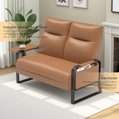 Faux Leather Loveseat Couch for Living Room Bedroom Office, Small Sofa 2 Seater Couch with Flip Up Tray Table Side Pockets Leather Loveseats, Brown