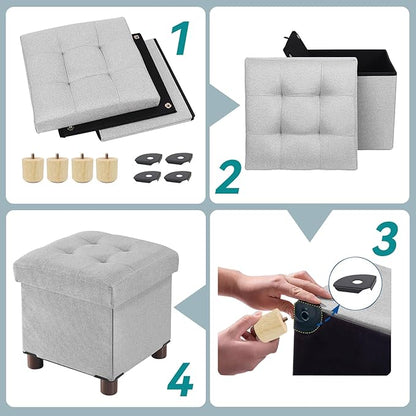 BRIAN & DANY Small Ottoman with Storage, Small Storage Ottoman, Folding Foot Stool with Wood Legs for Living Room and Bedroom Linen Rest Seat, 12.6"x12.6"x12.8" - Light Gray