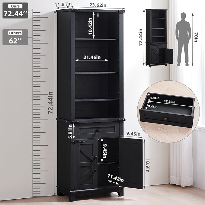 72in Tall Bookshelf 7 Tier Bookcase with Drawer and Barn Doors and Adjustable Shelves, Black Farmhouse Book Shelf with Storage Cabinet, Wood Freestanding Display Bookshelves for Kitchen (3PCS)