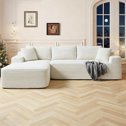 108 Inch Cloud Sectional Couch,Modern Modular Sectional Sofa with Deep Seat,Corduroy Boneless Couches with L-Shape Chaise for Living Room,No Assembly Required (Beige, Left Facing Chaise)