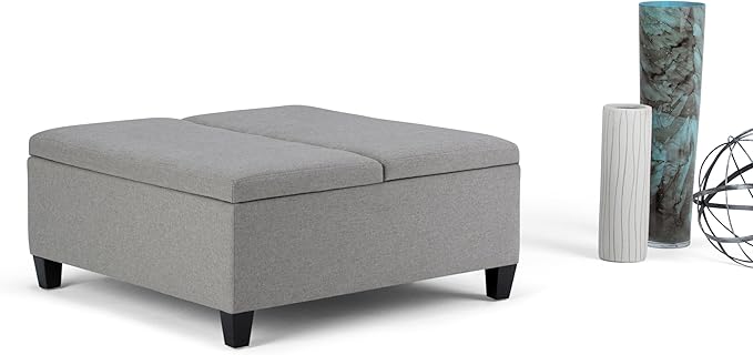 SIMPLIHOME Ellis 36 inch Wide Contemporary Square Coffee Table Storage Ottoman in Dove Grey Linen Look Fabric, Assembled, For the Living Room and Bedroom