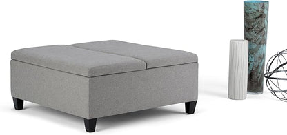 SIMPLIHOME Ellis 36 inch Wide Contemporary Square Coffee Table Storage Ottoman in Dove Grey Linen Look Fabric, Assembled, For the Living Room and Bedroom