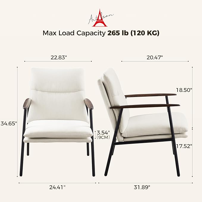 Art Leon Accent Chairs Set of 2-Fabric Side Sitting Chair Solid Accent Chair with Wood Armrests Ergonomic Reading Chair with Metal Frame for Living Room, Bedroom, Guest Room Beige