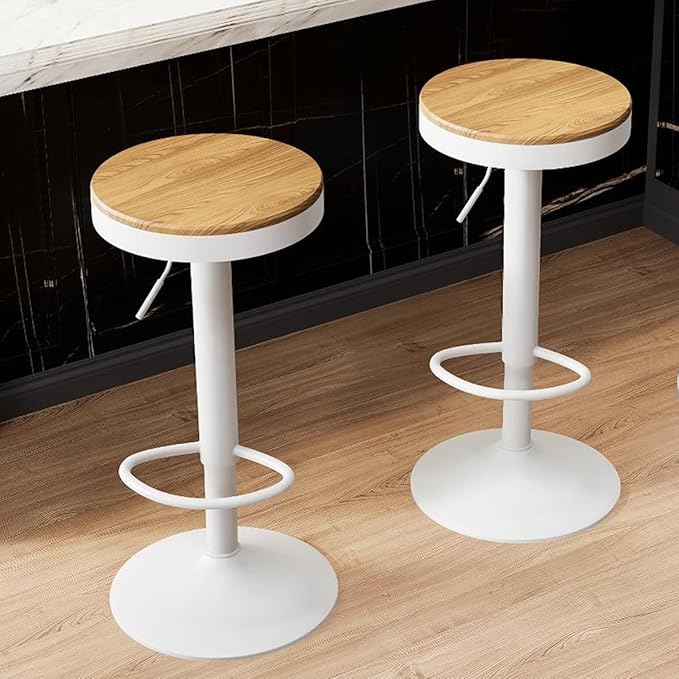 Kidol & Shellder Bar Stools Set of 2 White Round Adjustable Swivel Barstools Modern Backless Bar Chairs Wooden Seat Counter Height Stools Armless for Kitchen Island, Cafe, Dining Room