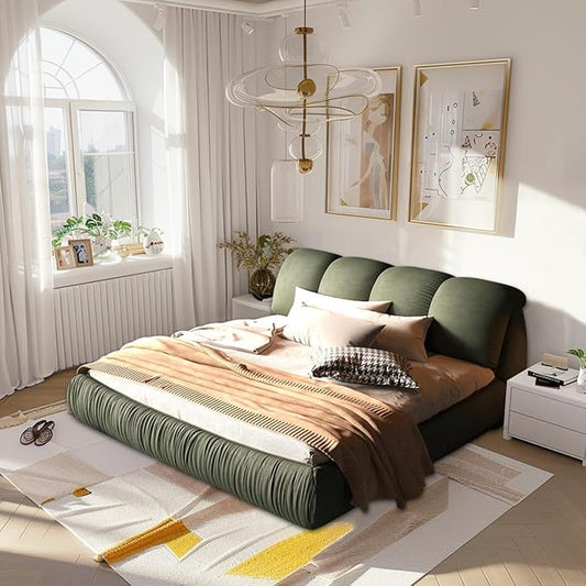 Queen Size Upholstered Platform Bed with Oversized Padded Backrest and Solid Wood Frame for Bedroom, Apartment Room, Green