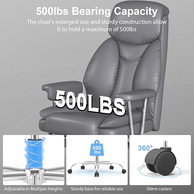 Big and Tall Office Chair, Executive Home Office Desk Chair, Comfy Leather High-Back Reclining Computer Chair with Retractable Footrest and Padded Arms, 360°Swivel Rolling Wheels, Wide Seat, Gray