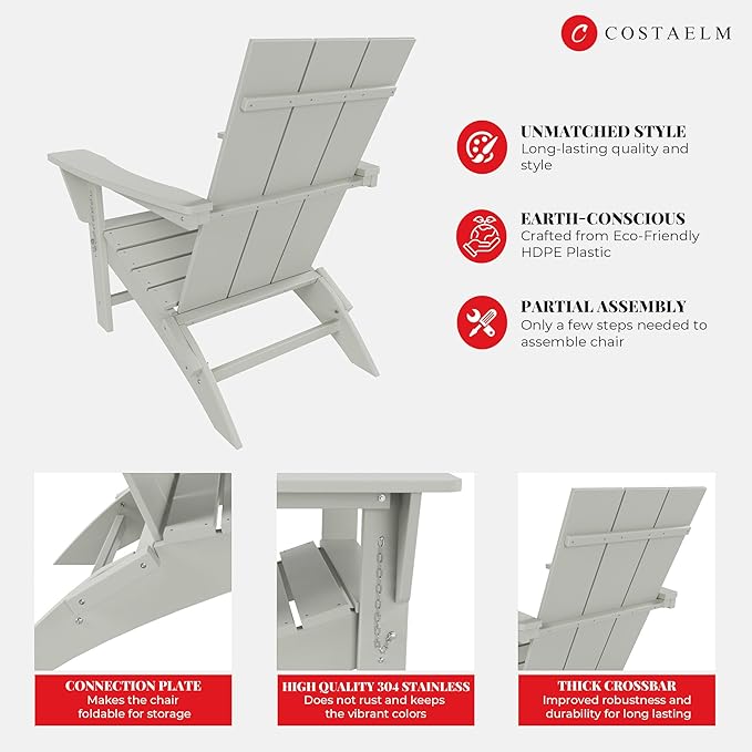 Costaelm Folding Adirondack Chairs, Outdoor Patio Adjustable Lawn Chairs, Weather Resistant Outside Firepit Chairs for Porch, Poolside, Garden, Backyard Deck, Sand