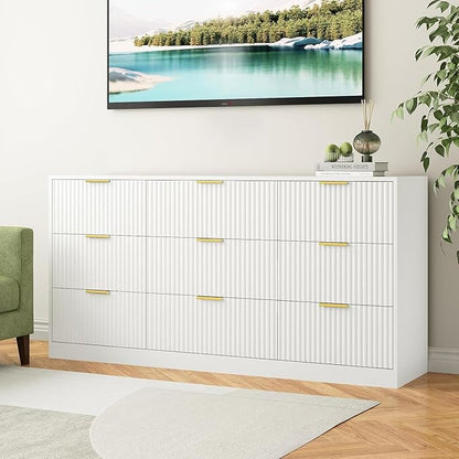9 Drawer Dresser for Bedroom with Deep Drawers, 63" Wide Wood Dresser, Large Floor Chest of Drawers, Modern Long TV Stand, Storage Cabinet Side Table, White