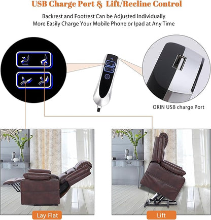 S*MAX Dual Motor Power Lift Recliners Chair for Elderly Infinite Position Full Air Leather Lay Flat Electric Recliner Chairs for Seniors Side Pockets USB Charge Port Brown