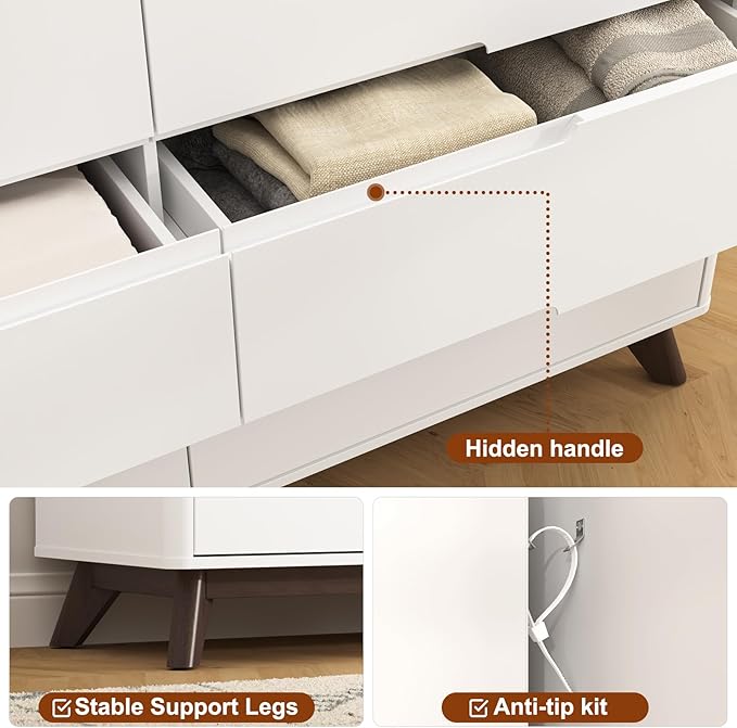 Dresser for Bedroom with 6 Drawers, 55" Large Dresser & Chest of Drawers with Charging Station, Wood Closet Clothes Storage Long Dressers Organizer for Bedroom Living Room Hallway, White