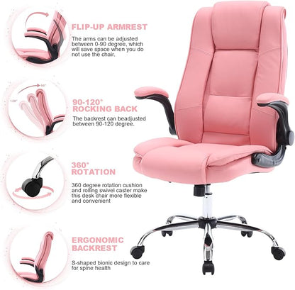 Pink Office Chair, Ergonomic High Back Executive Office Desk Chairs for Women, 90°-120° Rocking Computer Chair with Wheels, Swivel Lumbar Support Home Office Desk Chair