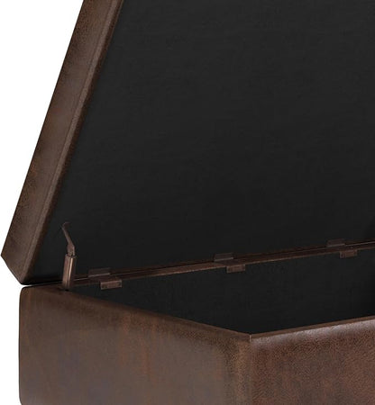 SIMPLIHOME Shay 34 inch Wide Mid Century Modern Small Rectangle Coffee Table Storage Ottoman in Distressed Chestnut Brown Vegan Faux Leather, Assembled, For the Living Room