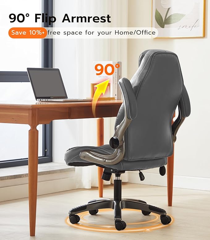 Office Desk Chair, Ergonomic Computer Chair with Padded Flip-Up Arms and Adjustable Lumbar Support, PU Leather Executive Chair with Tilt Lock and 360° Swivel Rolling Wheels for Work, Study