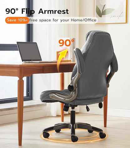 Office Desk Chair, Ergonomic Computer Chair with Padded Flip-Up Arms and Adjustable Lumbar Support, PU Leather Executive Chair with Tilt Lock and 360° Swivel Rolling Wheels for Work, Study